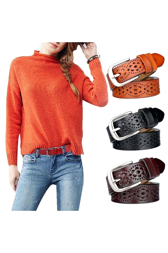 Women Girls Stylish Solid Color Faux Leather Hollow Moon Pin Buckle Waist Belt Strap for Jeans Pants Dresses