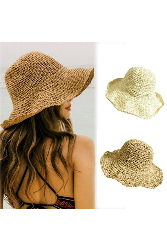 Women Girls Wide Brim Straw Hat Foldable Roll up Sunshade Packable Solid Color Sun Hat Cap for Summer