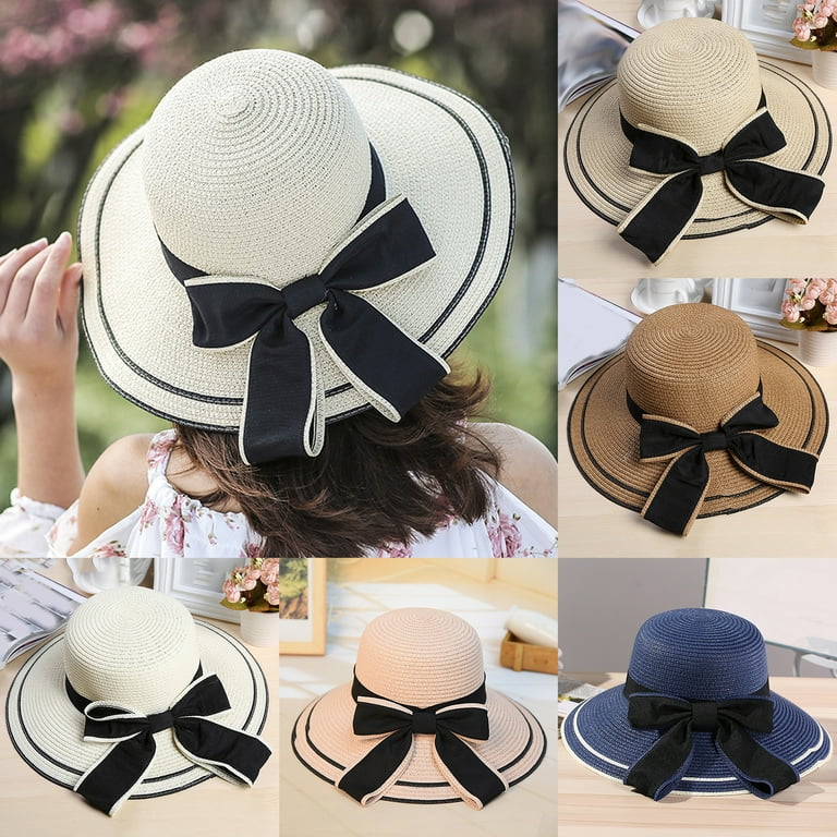 Cheers US Women Hat Bow Braided Summer Foldable Floppy Wide Brim Bow Sun Straw Beach Cap for Outdoor