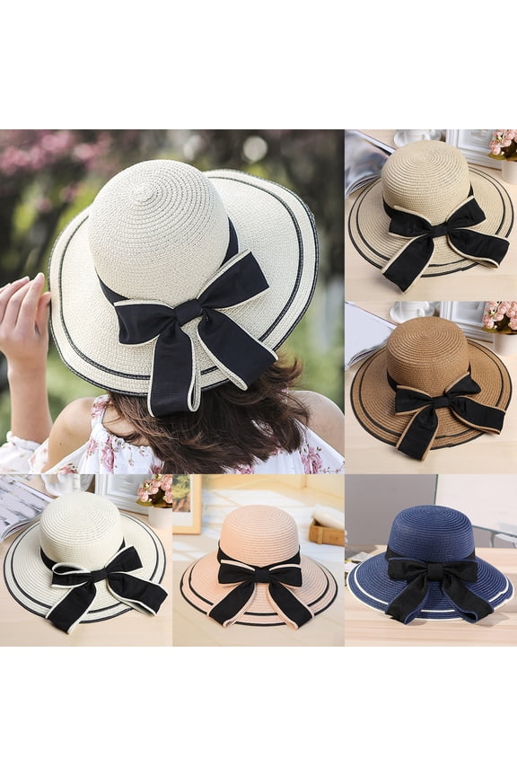 Cheers US Women Hat Bow Braided Summer Foldable Floppy Wide Brim Bow Sun Straw Beach Cap for Outdoor