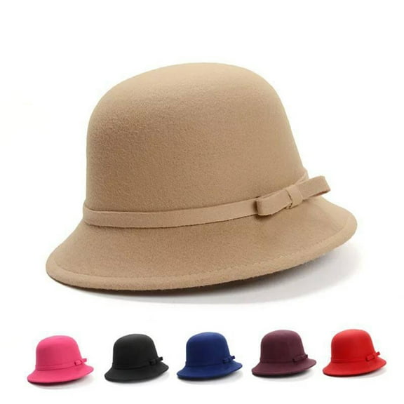 Cheers.US Women Lady Fashion Classic Solid Color Warm Woolen Bow Autumn Winter Bowler Hat Cap
