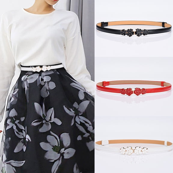 Cheers.US Women Lady Girls Faux Leather Skinny Belt Adjustable Insert Buckle Flower Decor Fine Waist Belt for Dress
