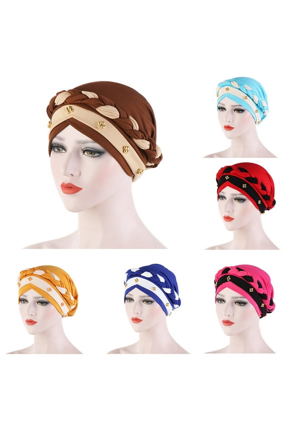 Women Lady Girls Milk Silk Twisted Braid Hat Soft Cap Beading Hair Loss Head Cover Turban Headwear