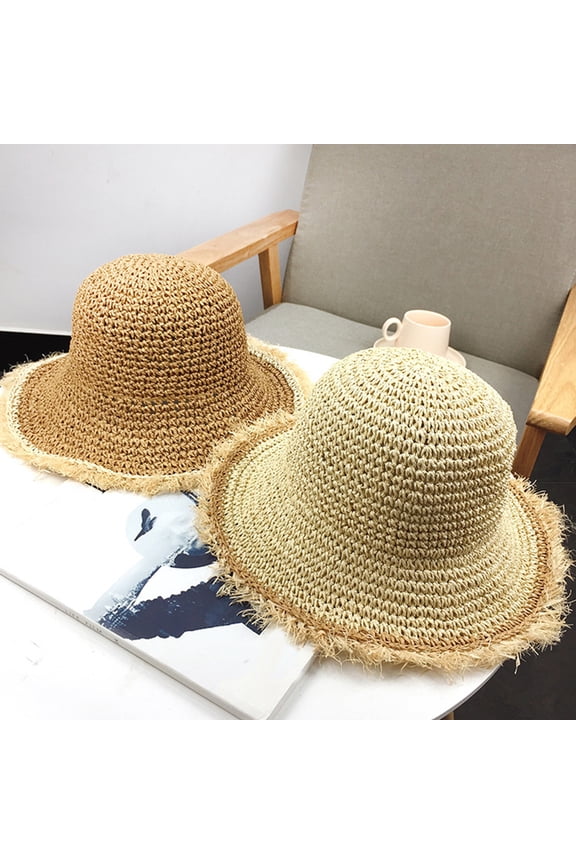 Women Lady Girls Summer Crochet Knit Straw Hat Wide Wavy Brim Sunscreen Beach Cap Outdoor Sunhat