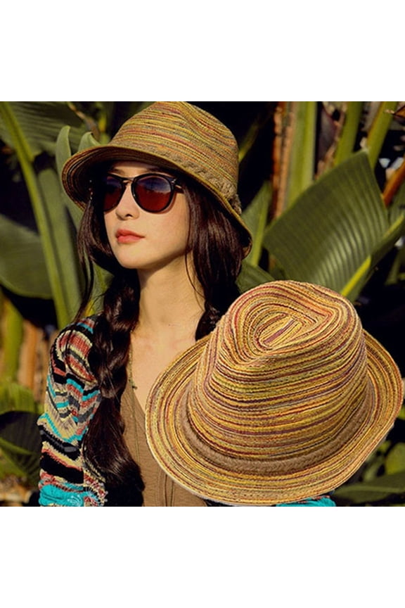 Women Lady Girls Summer Wide Brim Bohemia Style Straw Hats Foldable Striped Braided Rope Beach Sun Hat