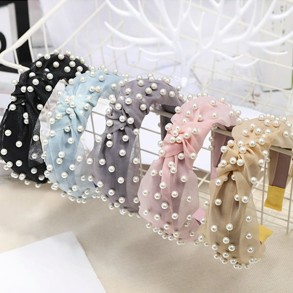 Cheers.US Women Lady Girls Sweet Faux Pearl Beading Twist Knotted Mesh Hair Hoop Headband Headwear Hair Accessory