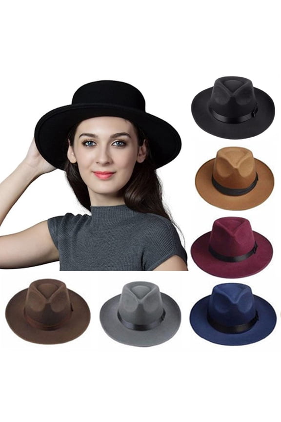 Women Men Retro Style Wide Brim Panama Hat Belt Buckle Felt Fedora Hat