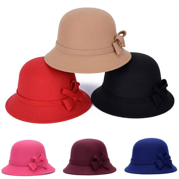 Cheers.US Women Solid Color Winter Hat Bucket with Bow Cap Solid Color Comfortable Faux Wool Wide Brim Hat for Tea party