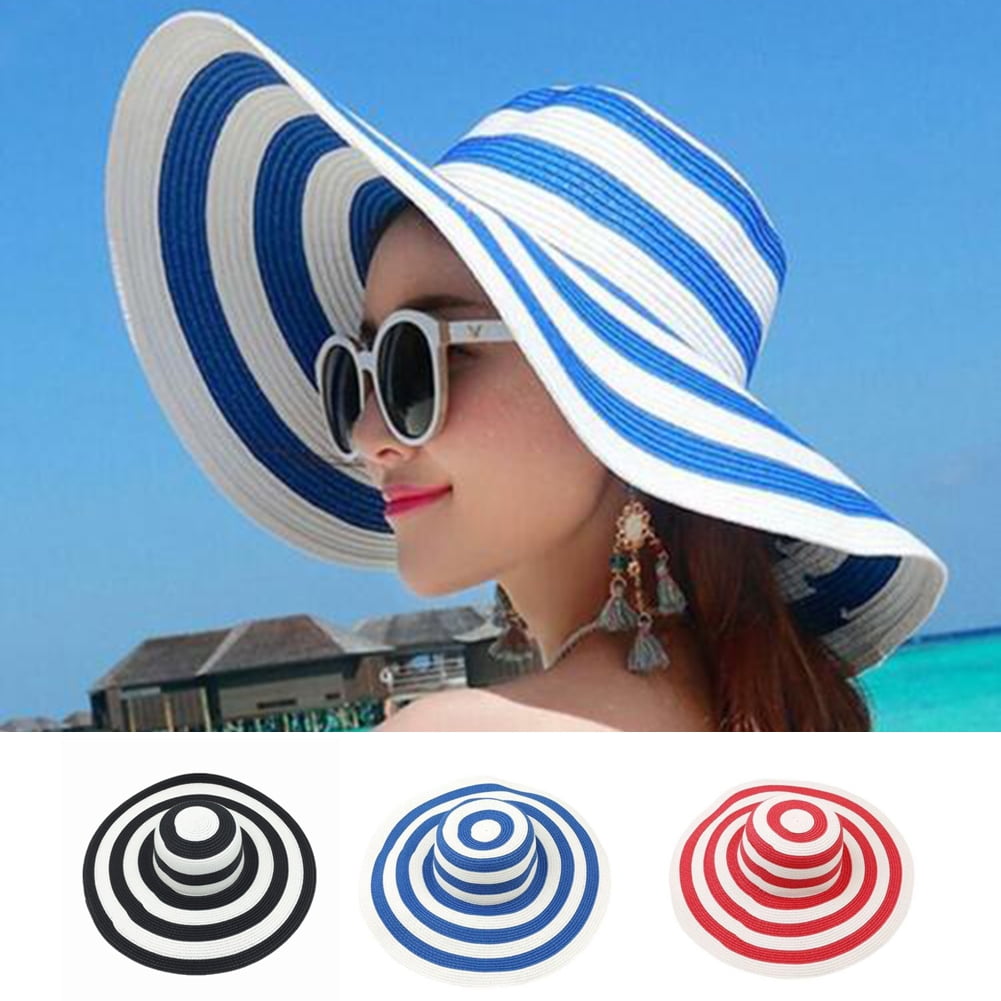 Cheers.US Women Stripe Straw Hat Wide Brim Sun Hat Foldable Summer ...