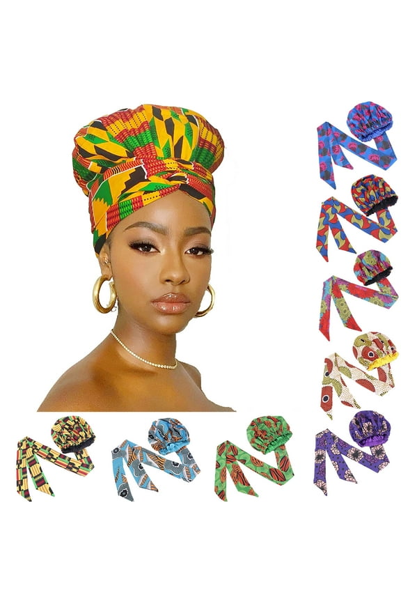 Women Stylish African Printed Round Hat Double Satin Wrapped Turban Headwrap Sleeping Cap Hair Decoration