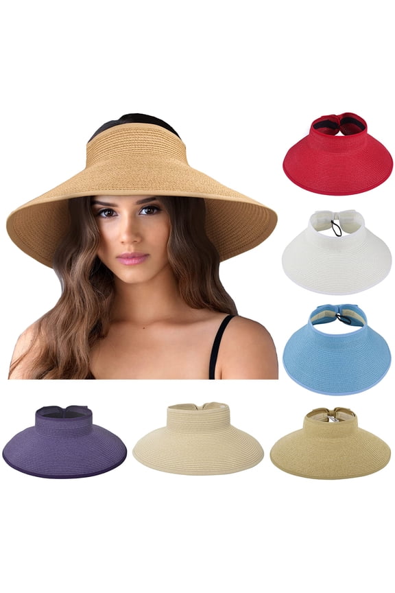 Women Sun Visor Hats Beach - Foldable Roll Up Wide Brim Bowknot Summer Straw Hat Cap Cruise wear for Womens