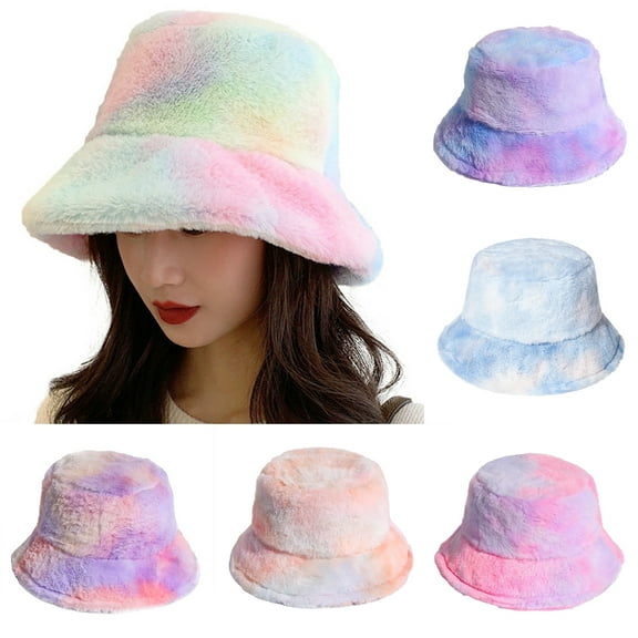 Cheers.US Women Tie Dye Rainbow Faux Fur Bucket Hat Fluffy Winter Warmer Fisherman Cap Fashion Plush Rainbow Cap