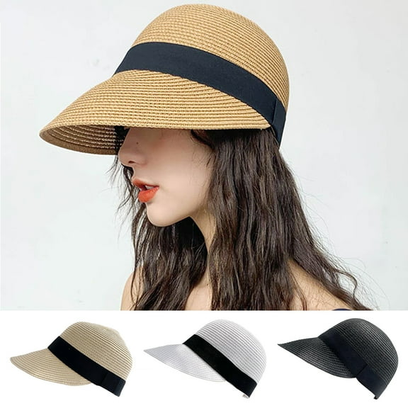Cheers.US Women's Casual Straw Sun Hat Equestrian Cap Summer Travel Outdoor Straw Sun Visor Cap Baseball Cap