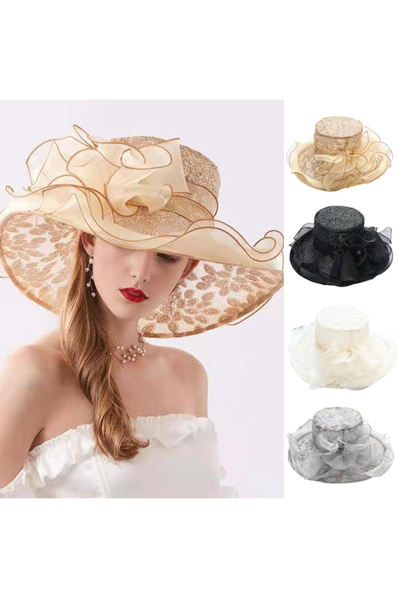 Women’s Foldable Hot Stamping Sequins Organza Church Kentcky Derby Tea Party Wedding Fascinator Hat UV-Anti Wide Brim Sun Hats