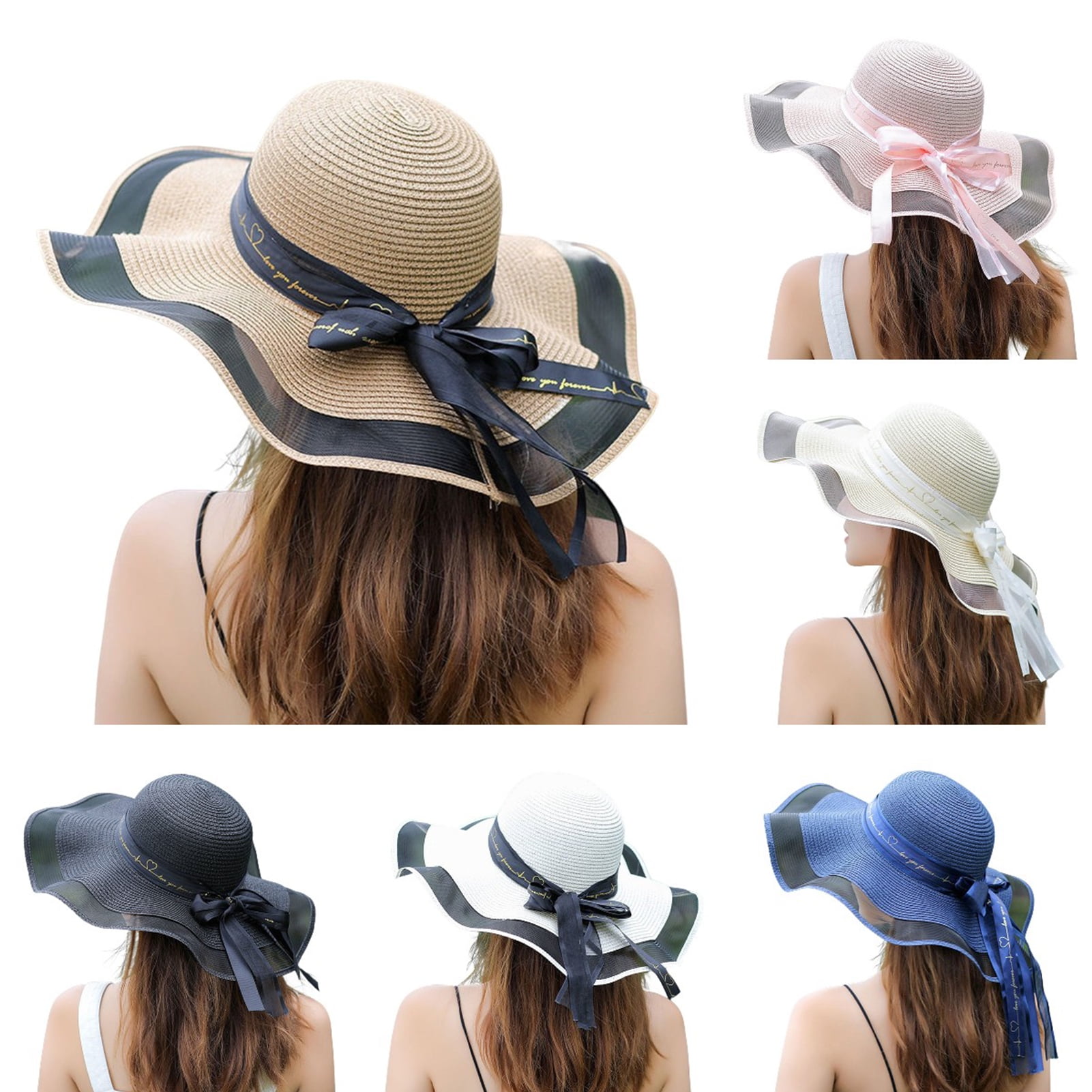 Cheers.US Womens Big Bowknot Straw Hat Large Floppy Foldable 