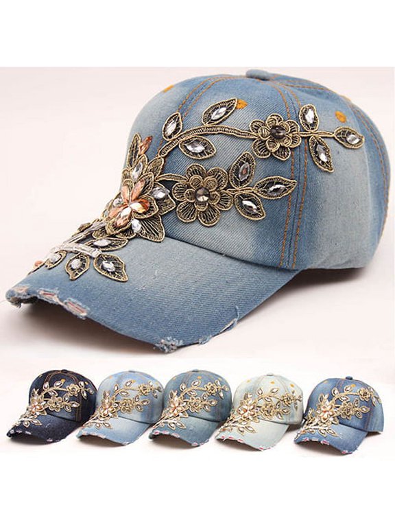 Womens Cute Lace Flowers Baseball Cap with Jewel Rhinestone Bling Hats Jeans Wash Denim Snapback