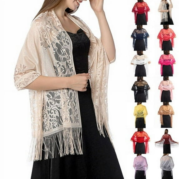 Cheers.US Womens Floral Lace Mesh Party Prom Wedding Shawl Scarf with Fringe
