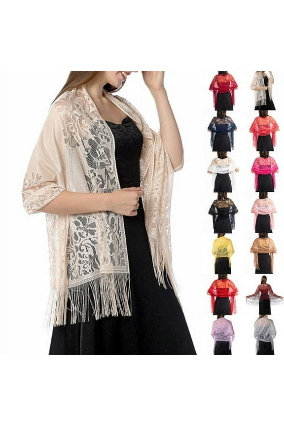 Womens Floral Lace Mesh Party Prom Wedding Shawl Scarf with Fringe