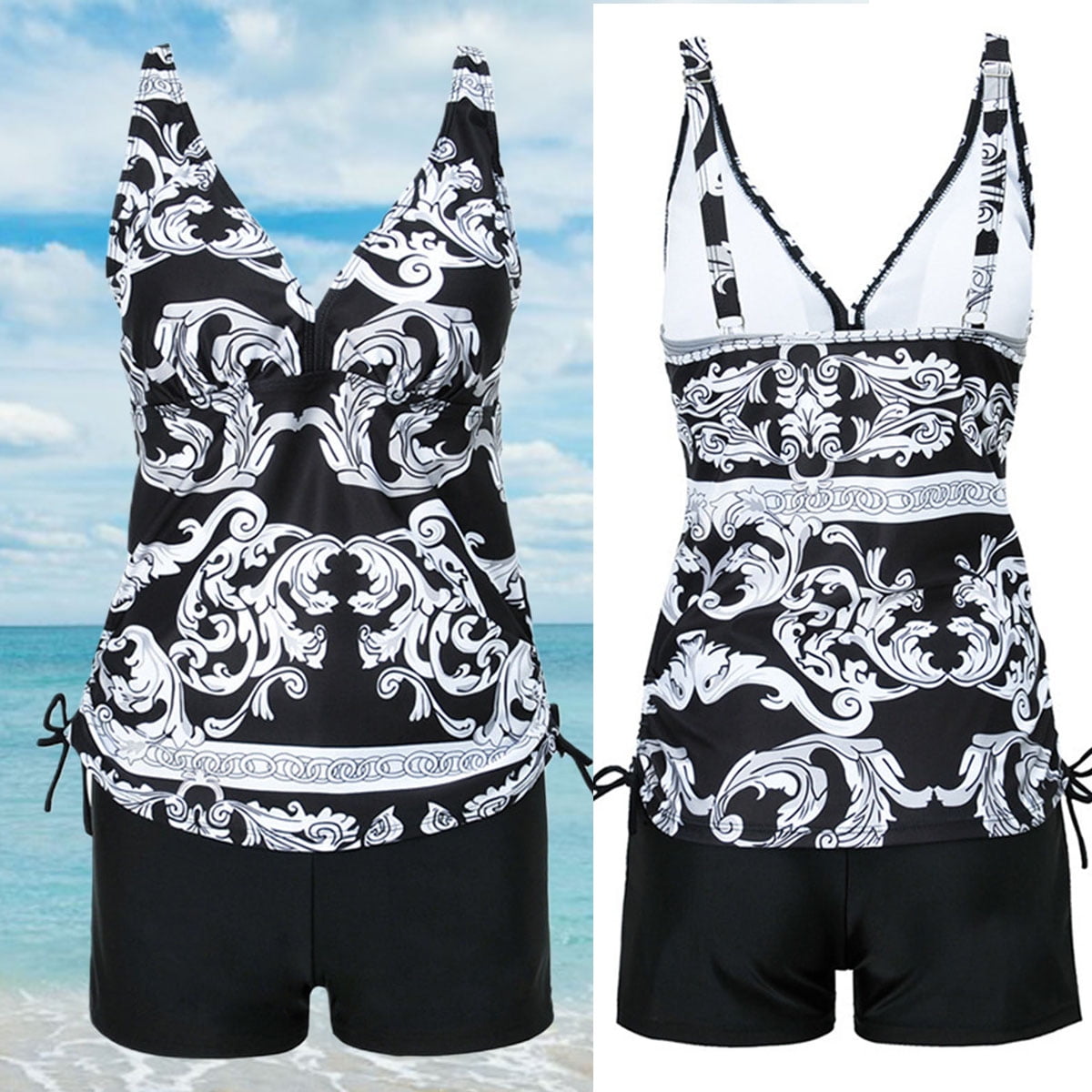 Cheers US Womens Sexy Print Strappy Blouson Tankini Sets with Boyshort