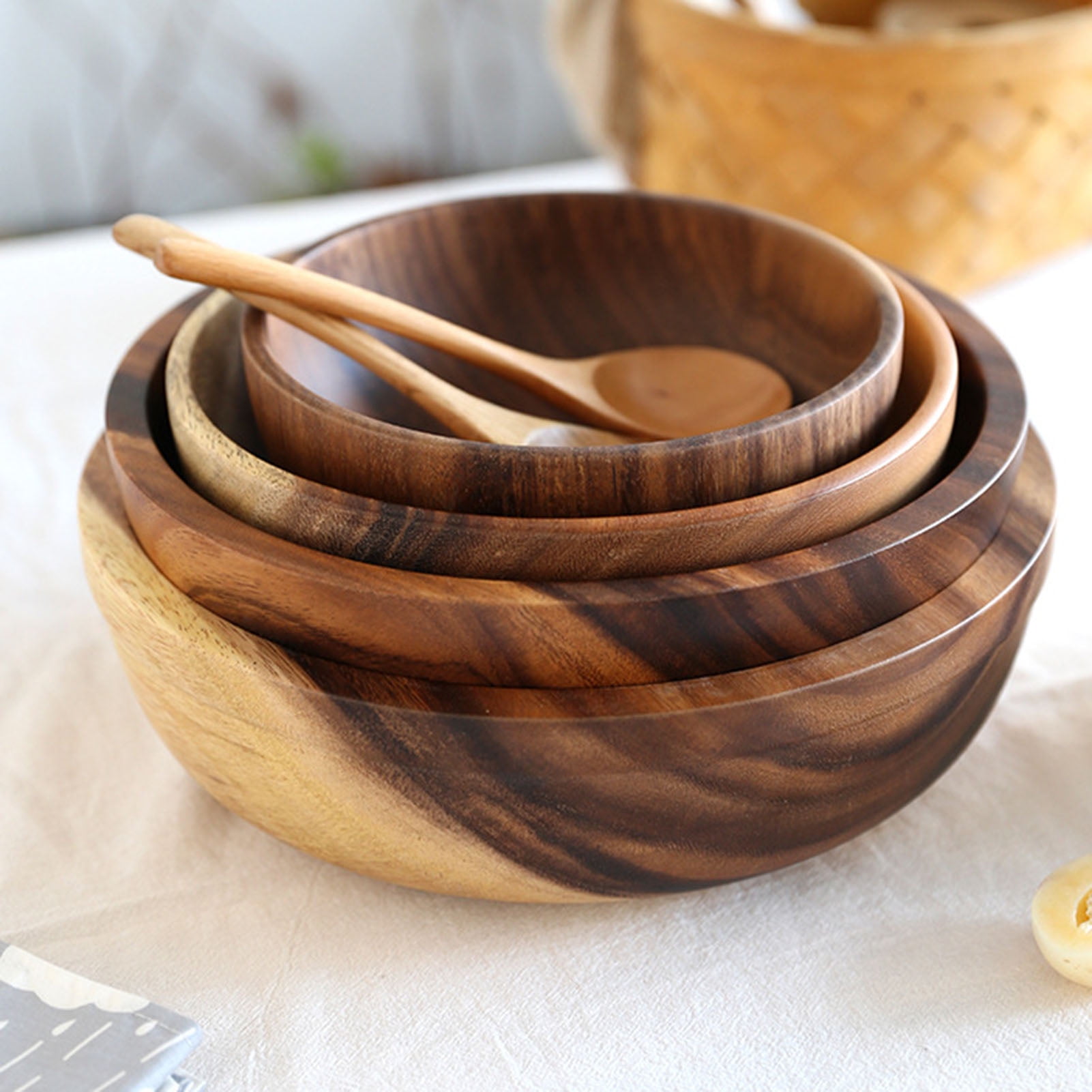Wooden Salad Bowl- 9.4 Inch Wood Salad Wooden Bowl With Spoon, Can