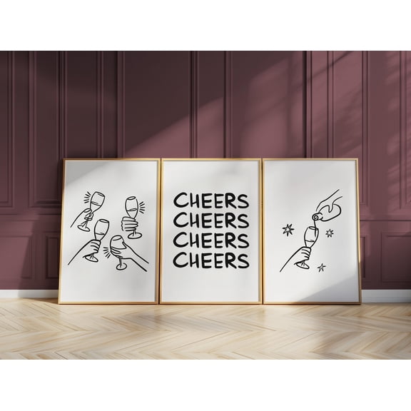 Cheers Wine Prints Minimalist Line Art for Bar Cart Kitchen Gift D066 Set 3
