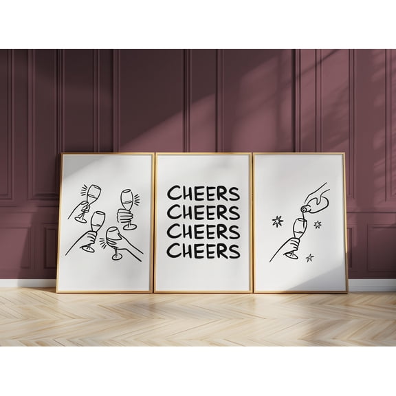 Cheers Wine Prints Minimalist Line Art for Bar Cart Kitchen Gift D066 Set 3
