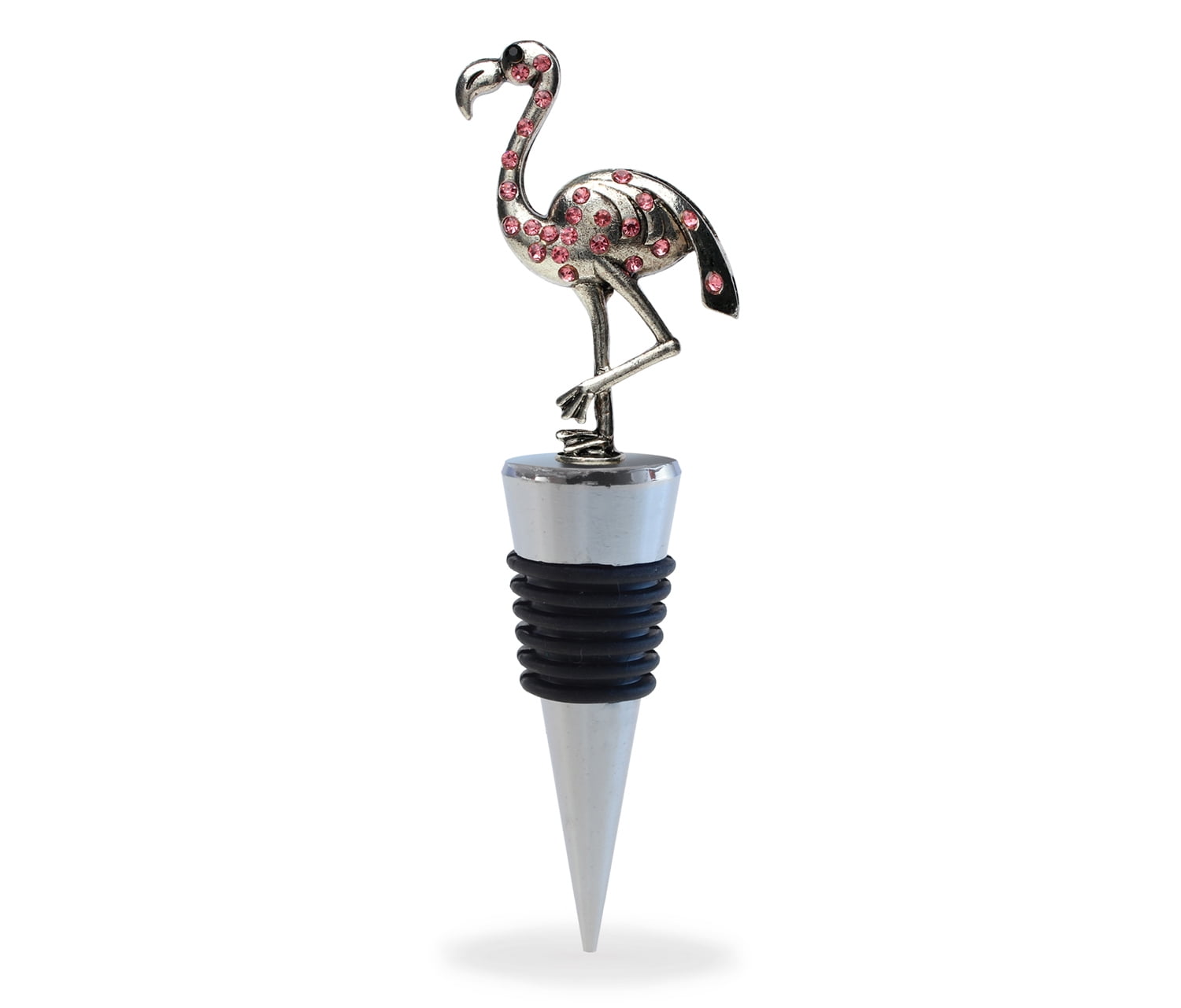 Silver Flamingo Rhinestone Wine Bottle Stopper with Black Rubber Seal
