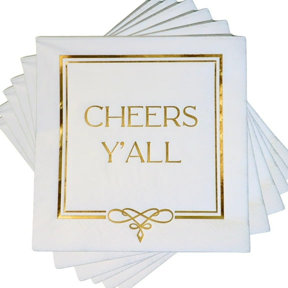 Cheers Y'all Funny Gold Cocktail Bar Napkins | Disposable Paper Napkins For Adult Birthday, Wedding, Engagement, Bridal Shower Or My First Rodeo Western Cowgirl & Cowboy Party Decorations | 50 Pack