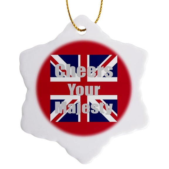 3drose, Cheers, Your Majesty with Union Jack Background, 3 inch Snowflake Porcelain Ornament