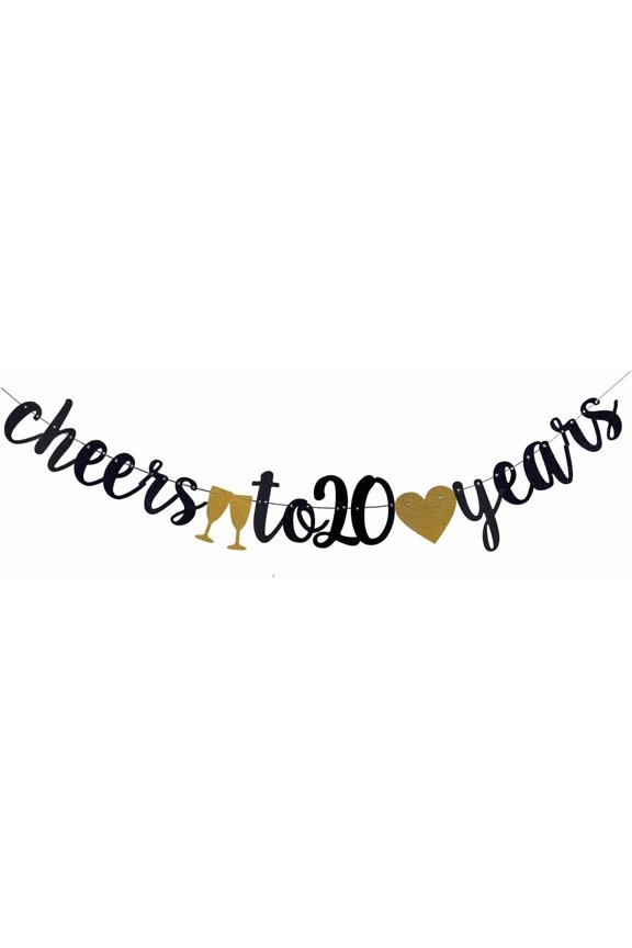 Cheers to 20 Years Banner Black Paper Sign Pre-Strung - Happy 20th Birthday Party Decorations - 20th Wedding Anniversary Decorations