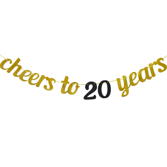 Cheers to 20 Years Banner, Gold and Black, Party Decoration, Anniversary Celebration