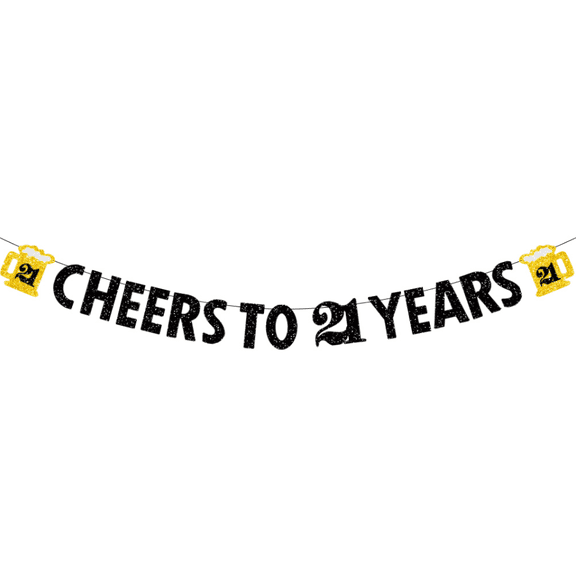 Cheers to 21 Years Banner, Black and Gold Glitter, 21st Birthday Party Decoration
