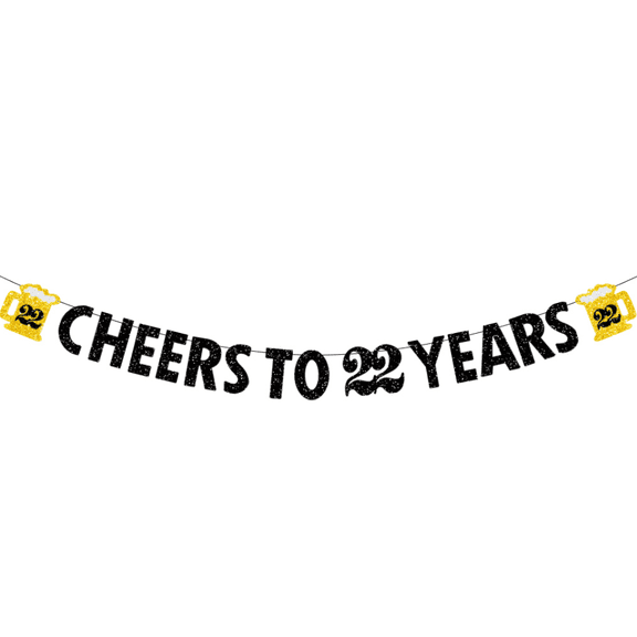 Cheers to 22 Years Banner, Black and Gold Glitter, 21st Birthday Party Decoration