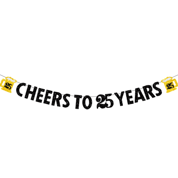 Cheers to 25 Years Banner, Black and Gold Glitter, 21st Birthday Party Decoration