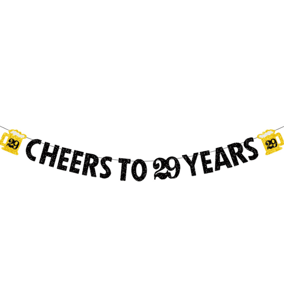 Cheers to 29 Years Banner, Black and Gold Glitter, 21st Birthday Party Decoration