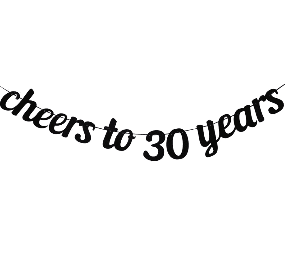 Cheers to 30 Years Banner, Black, Glitter Script Style, 20th Birthday ...