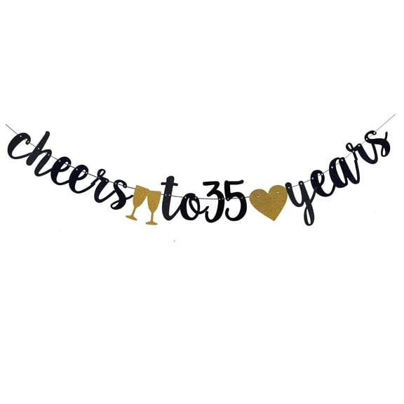 Cheers to 35 Years Banner Black Paper Sign Pre-Strung - Happy 35th Birthday Party Decorations - 35th Wedding Anniversary Decorations