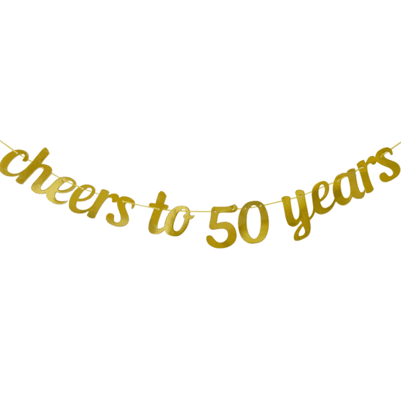 Cheers to 50 Years Banner, Gold Glitter, Party Decoration for Anniversary Celebration