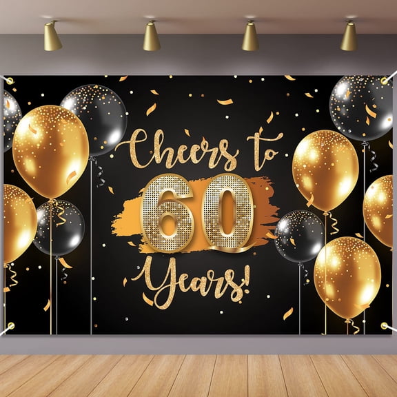 Cheers to 60 Years Backdrop Banner Happy 60th Birthday Background Decorations for Women Men Her Him Anniversary Photography Party Supplies Black Gold