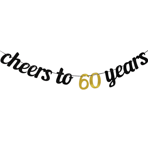 Cheers to 60 Years Banner, Black and Gold, Party Decoration, Anniversary Celebration Sign