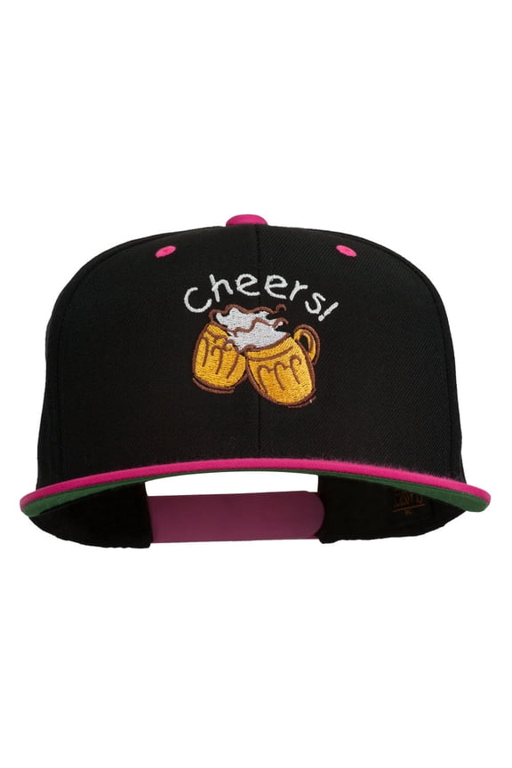 Cheers with Beer Mugs Embroidered Two Tone Snapback Cap - Black Pink OSFM