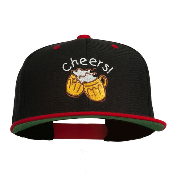 Cheers with Beer Mugs Embroidered Two Tone Snapback Cap - Black Red OSFM