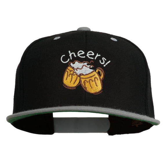 Cheers with Beer Mugs Embroidered Two Tone Snapback Cap - Black Silver OSFM