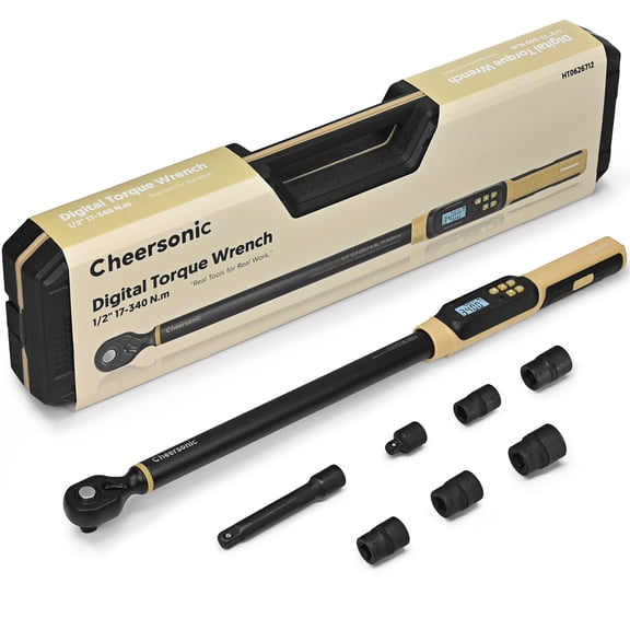 Cheersonic 1/2 Drive Digital Torque Wrench, 12.5-250.7 ftlb (17-340N.m) 1% Accuracy with Buzzer, LED & Socket Set for Auto Repair, Trucks, Large Machinery
