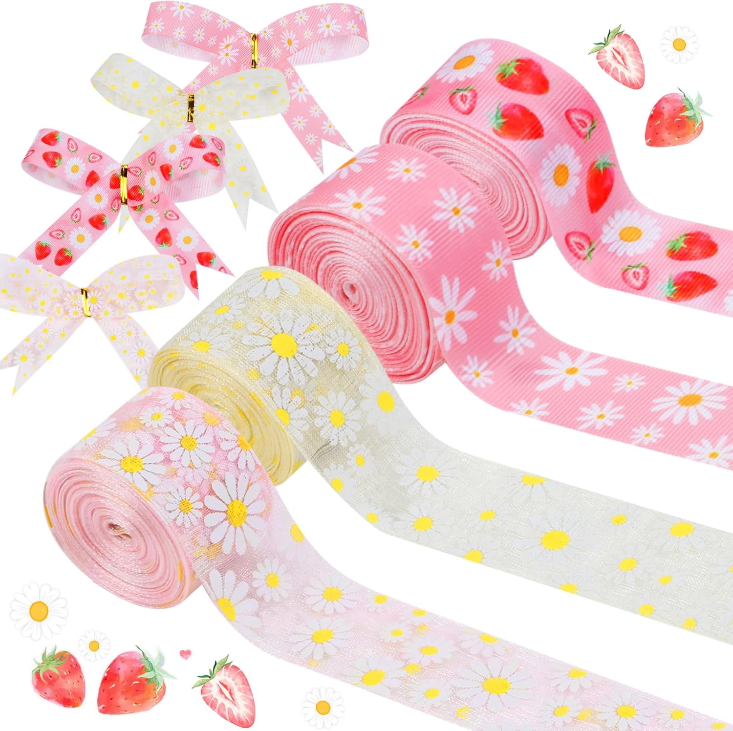 Pepper Ribbons Cheerupp 4 Rolls Daisy Strawberry Themed Ribbons, 20 Yards Craft ...
