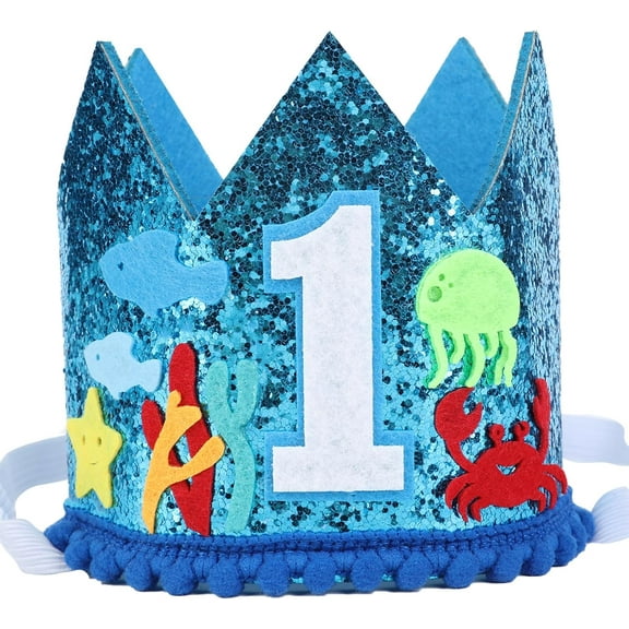 Cheerupp Ocean Theme 1st Birthday Hat - Oneder The Sea First Birthday Glitter Crown Blue, Jellyfish One Year Old Happy Birthday Party Decorations Supplies Favors Photo Booth Props