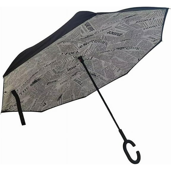Cheery Inverted Umbrella - Upside Down Reverse Umbrella for Rain and Sun Protection - Windproof Inside Out Car, Outdoor, Beach Accessory - Camping, Cruise, Vacation Essential Gear (Newspaper)