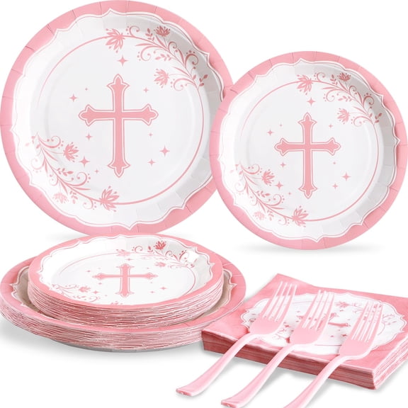 Cheery Land 100PCS First Communion Decorations AFN1pink and white Disposable Baptism Paper Plates and Napkins Party Supplies Decorations, Severs 25