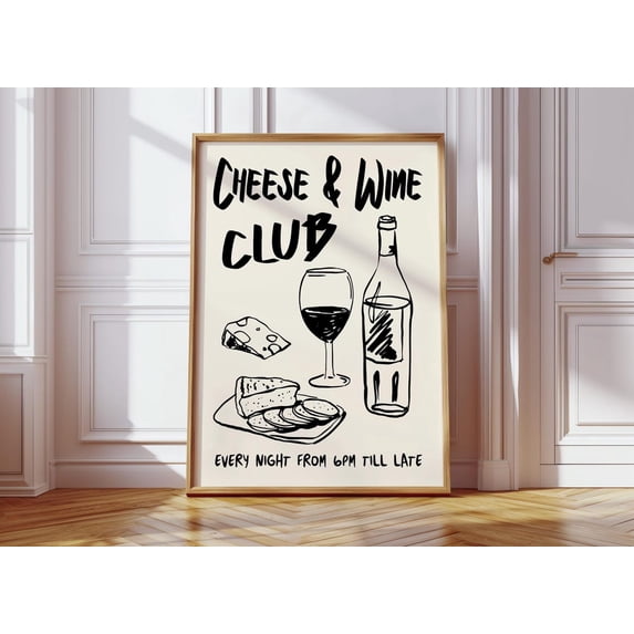 Cheese And Wine Club Retro Doodle Poster, Kitchen, Gallery Wall, Home ...
