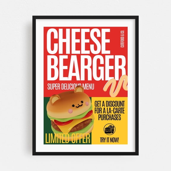 Cheese Bearger Offer - Typography Humor Pop Art Illustration Black Framed Wall Art Print 12 x 18 inches